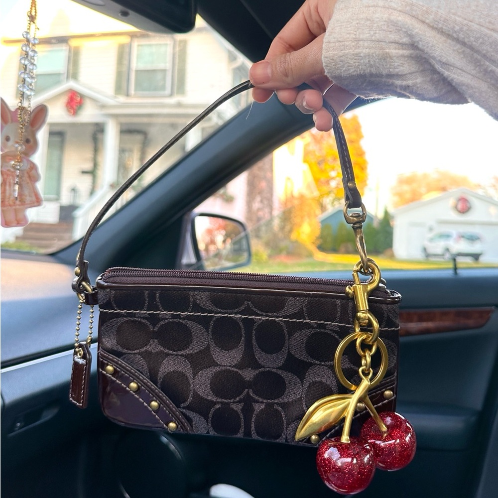 Brown Patterned Handbag with Cherry Charm
